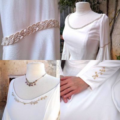 Photos des options des détails brodés ou galon de la robe médiévale fantasy blanche