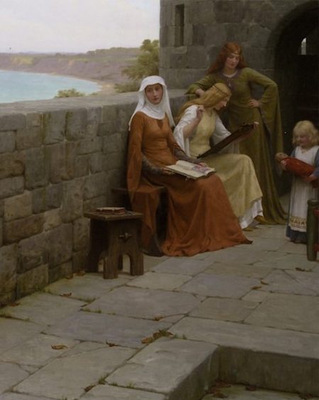 Tableau-de-Sir-Leighton_Edmund_Blair_The_Hostage-representant-les-dames-de-compagnie-dIsolde-la-Belle-dont-lune-delles-porte-une-robe-a-larges-manches-couleur-rousse