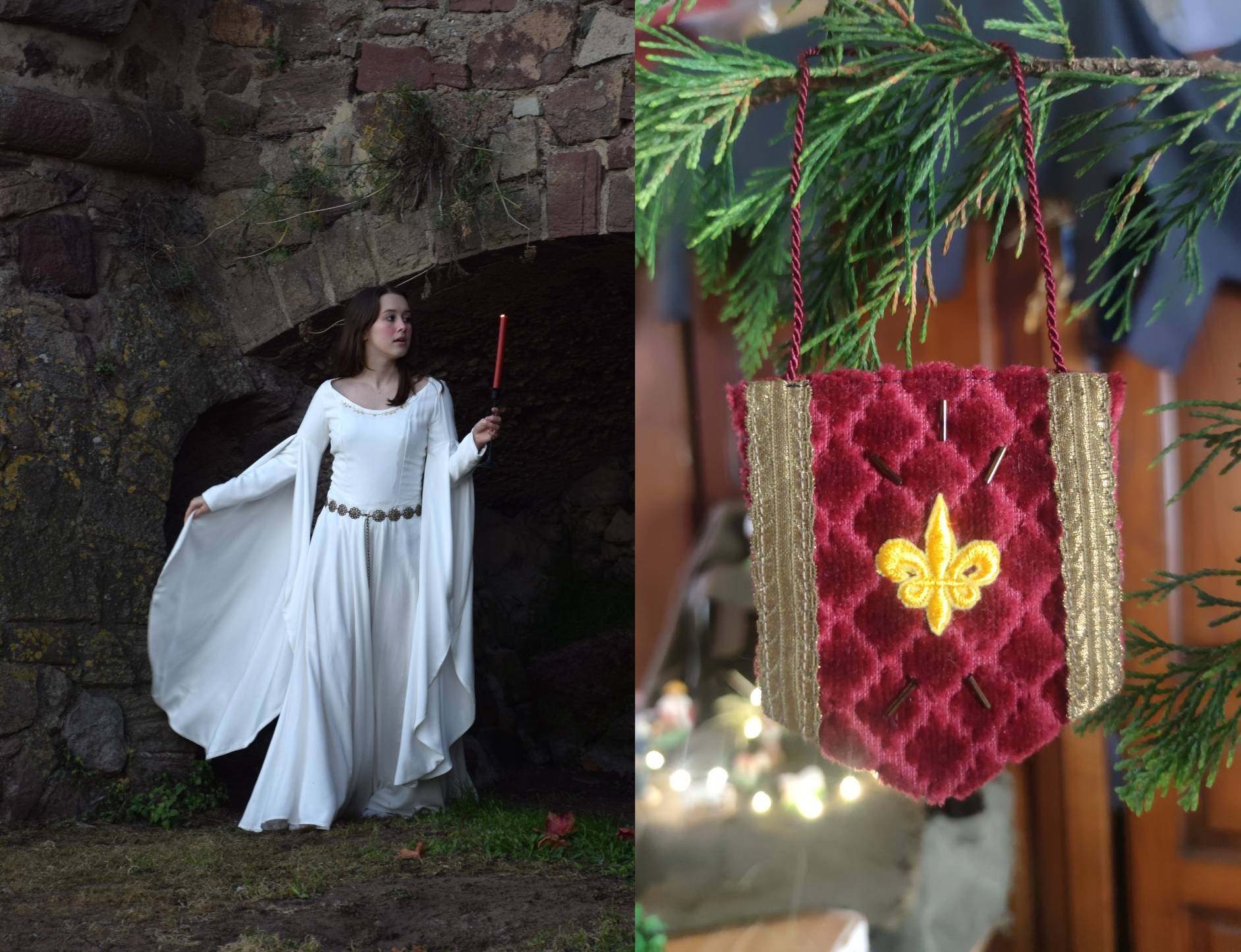 double photo avec une femme vêtue d'une robe médiévale blanche à longue manches tenant un cierge et une autre photo d'un ornnement en velours représentant une bannière médiévale fantasy en velours rouge avec une fleur de lys or