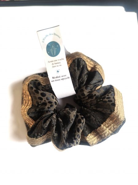 chouchou fantasy en brocart kaki-et-noir