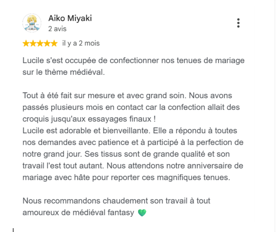 Avis google de clients pour tenues de mariage