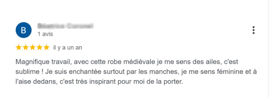 Avis google d'une cliente de robe medievale fantasy